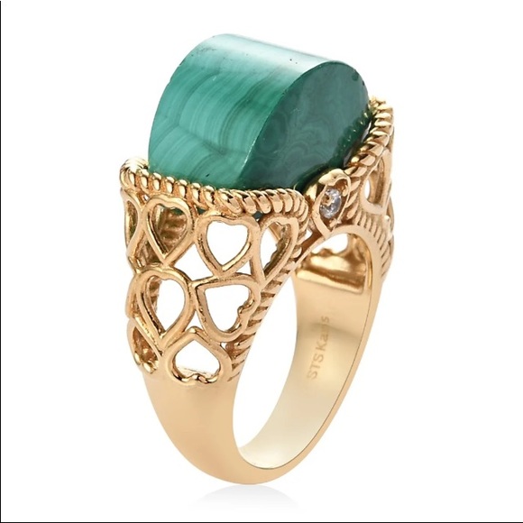 African Malachite & Natural White Zircon Ring in ION Plated 18K Yellow Gold Sz 7 - Picture 14 of 16